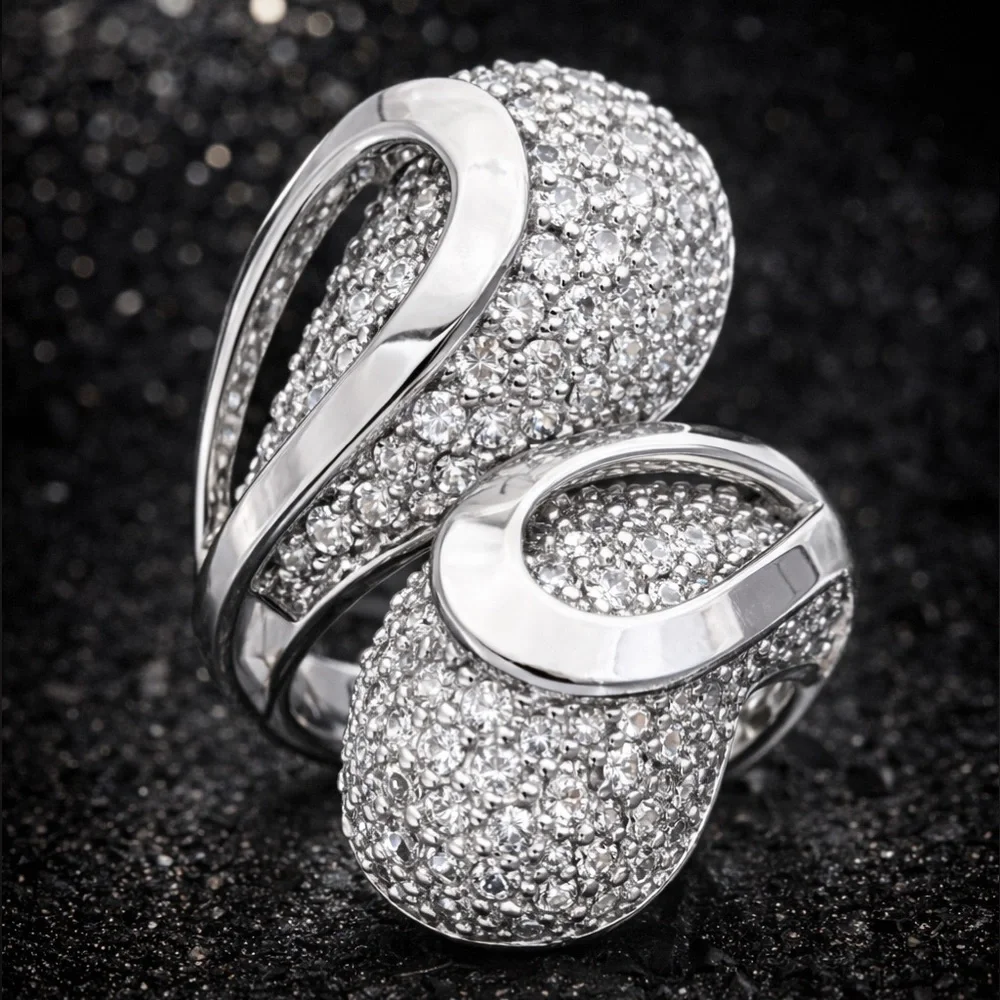 New Huge Micro Pave Set Cz Diamond statement Cocktail Dome ladies Ring Silver